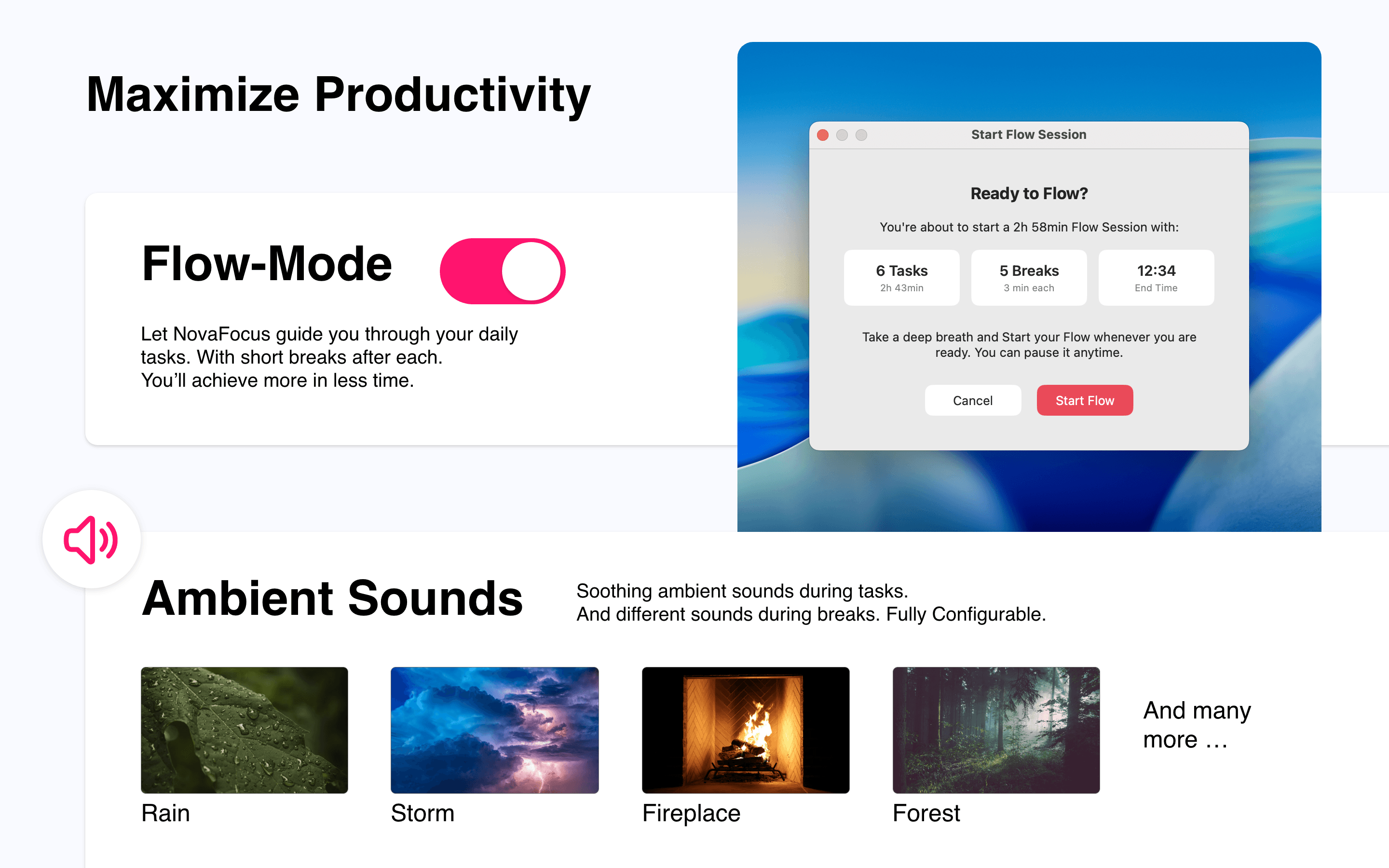 NovaFocus menu bar countdown timer and Flow mode interface