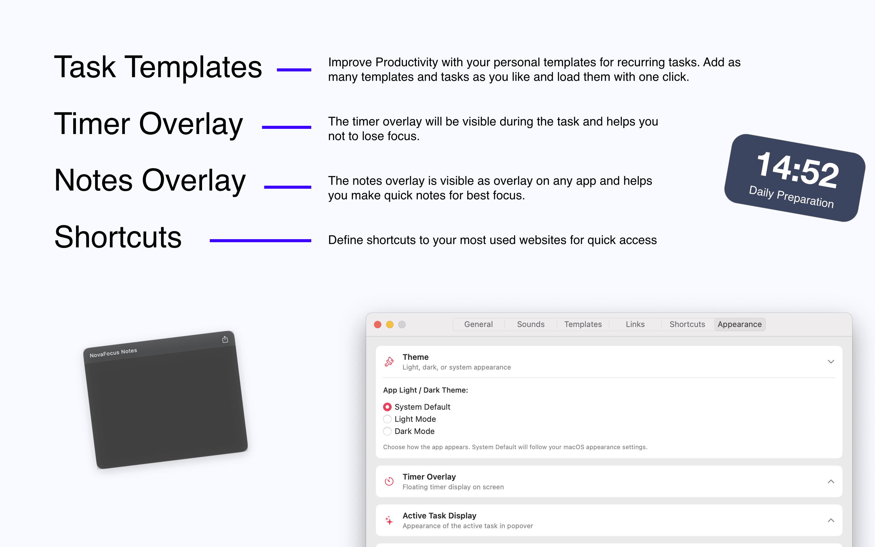 NovaFocus active timer with ambient sounds and floating overlay