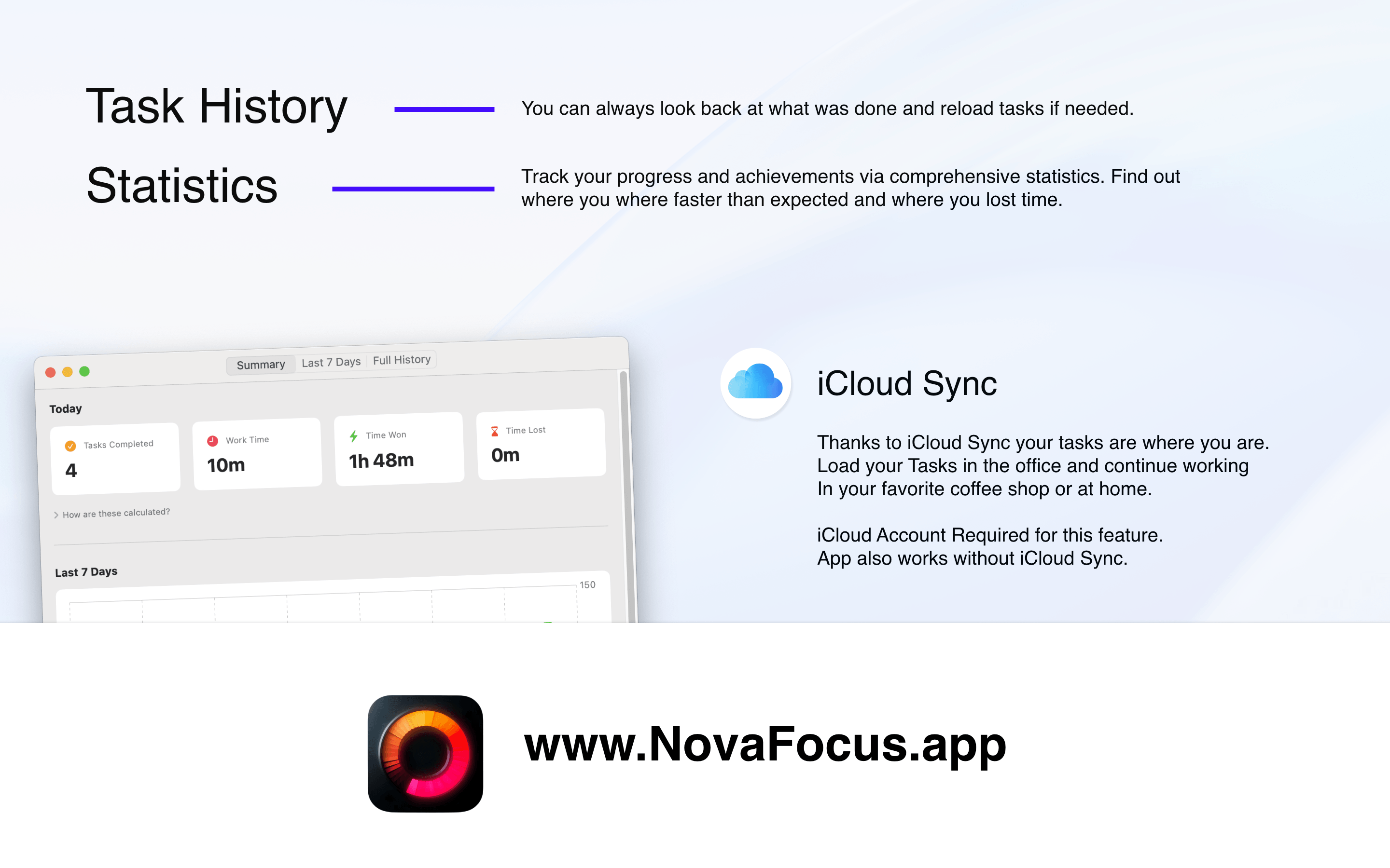 NovaFocus productivity analytics and break scheduling dashboard